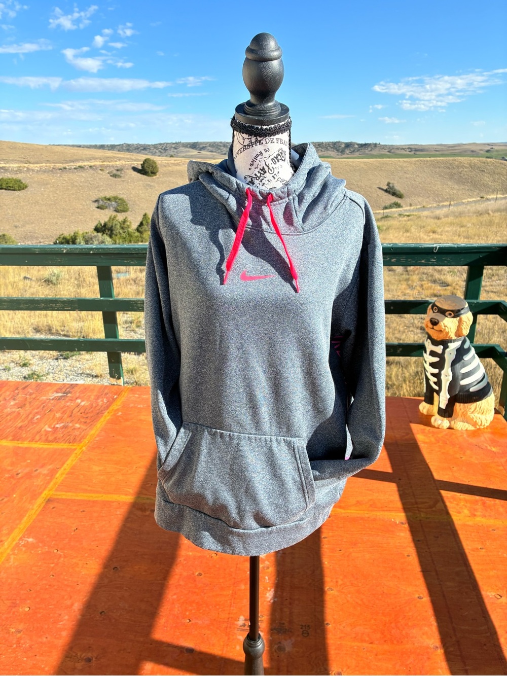 Nike Gray Cowlneck Hoodie with Bright Pink Drawcords & bright pink swoosh L